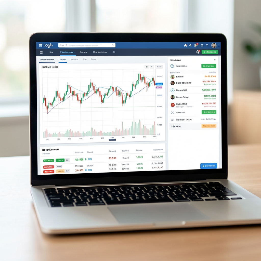 Скриншот торгового интерфейса брокерской платформы с графиками акций и портфелем инвестора на экране ноутбука